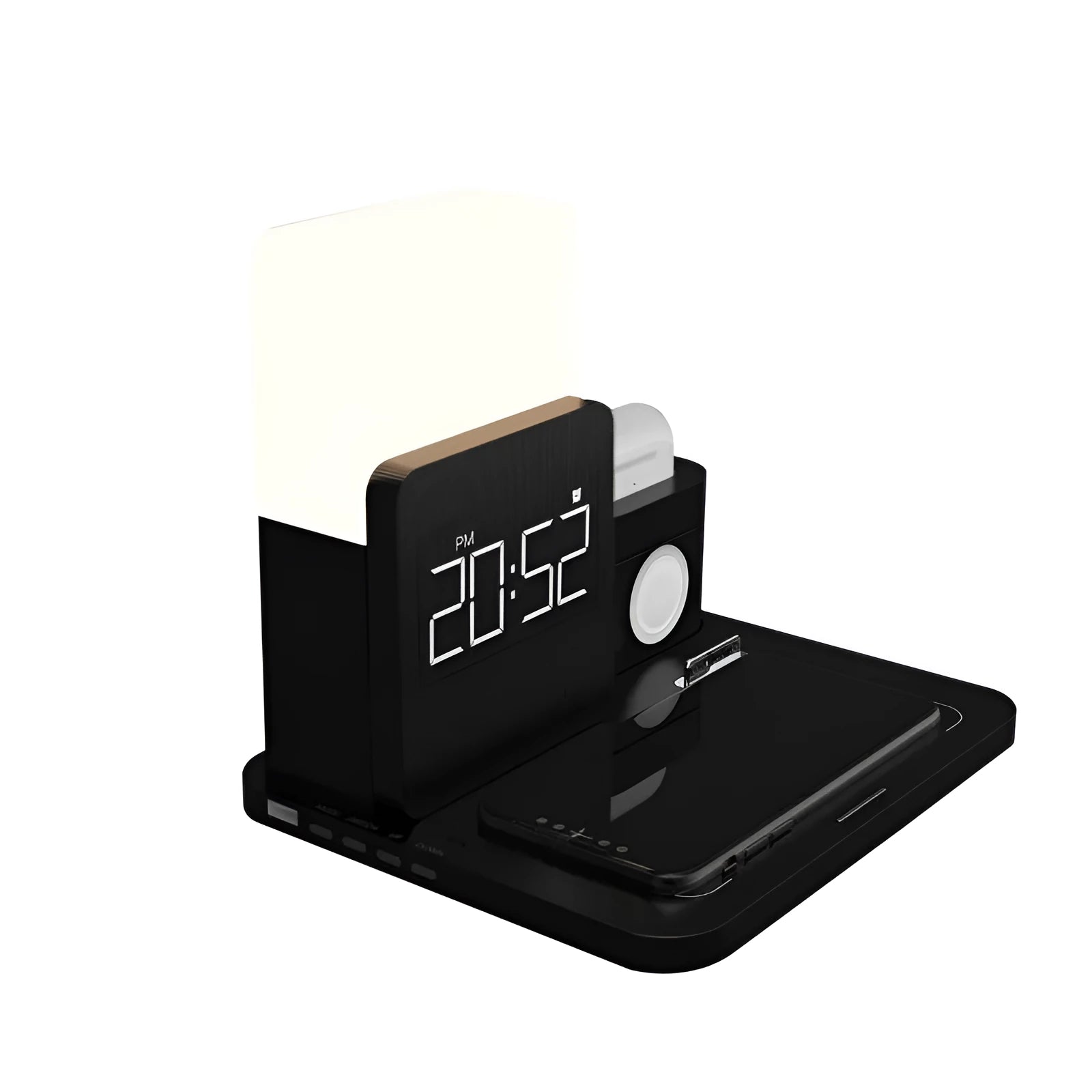 A dark green 3-in-1 wireless charging stand holding a phone, an Apple Watch, and a case for AirPods.