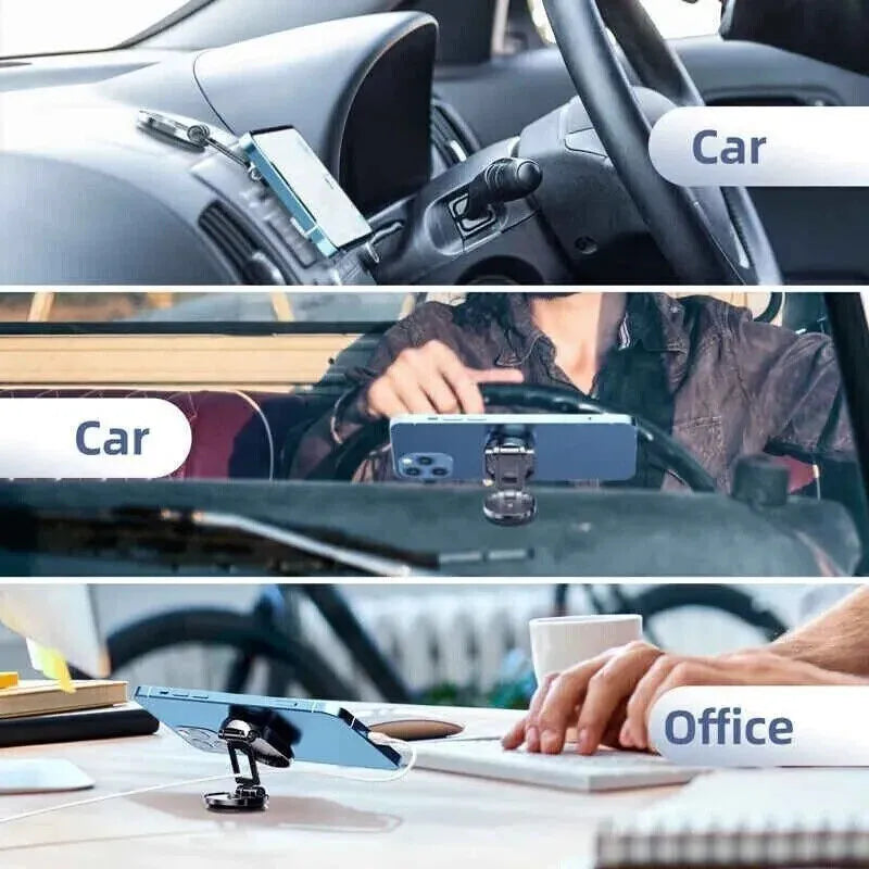 Chrome magnetic car phone holder with foldable bracket in extended and collapsed positions