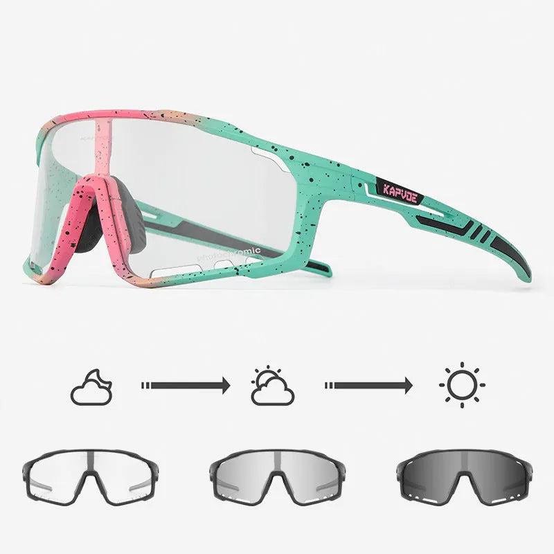 Photochromic cycling sunglasses with semi-rimless TR90 frame on a bicycle helmet.