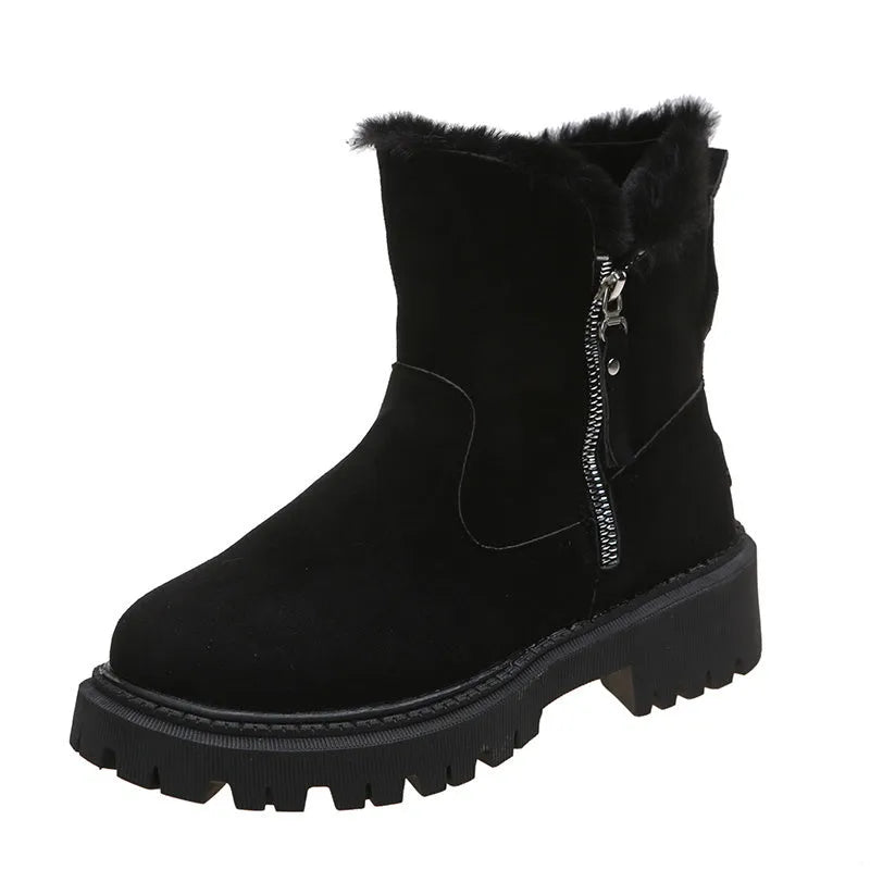 Women's black thick plush high-top snow boots with a side zipper and rubber sole