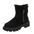 Women's black thick plush high-top snow boots with a side zipper and rubber sole