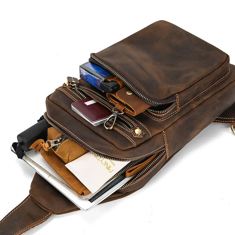 Men's first layer cowhide retro crossbody shoulder bag in solid 9334 brown colour