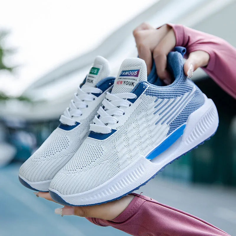 Men's blue casual mesh sports shoes with round toe and fabric upper on a wear-resistant sole.