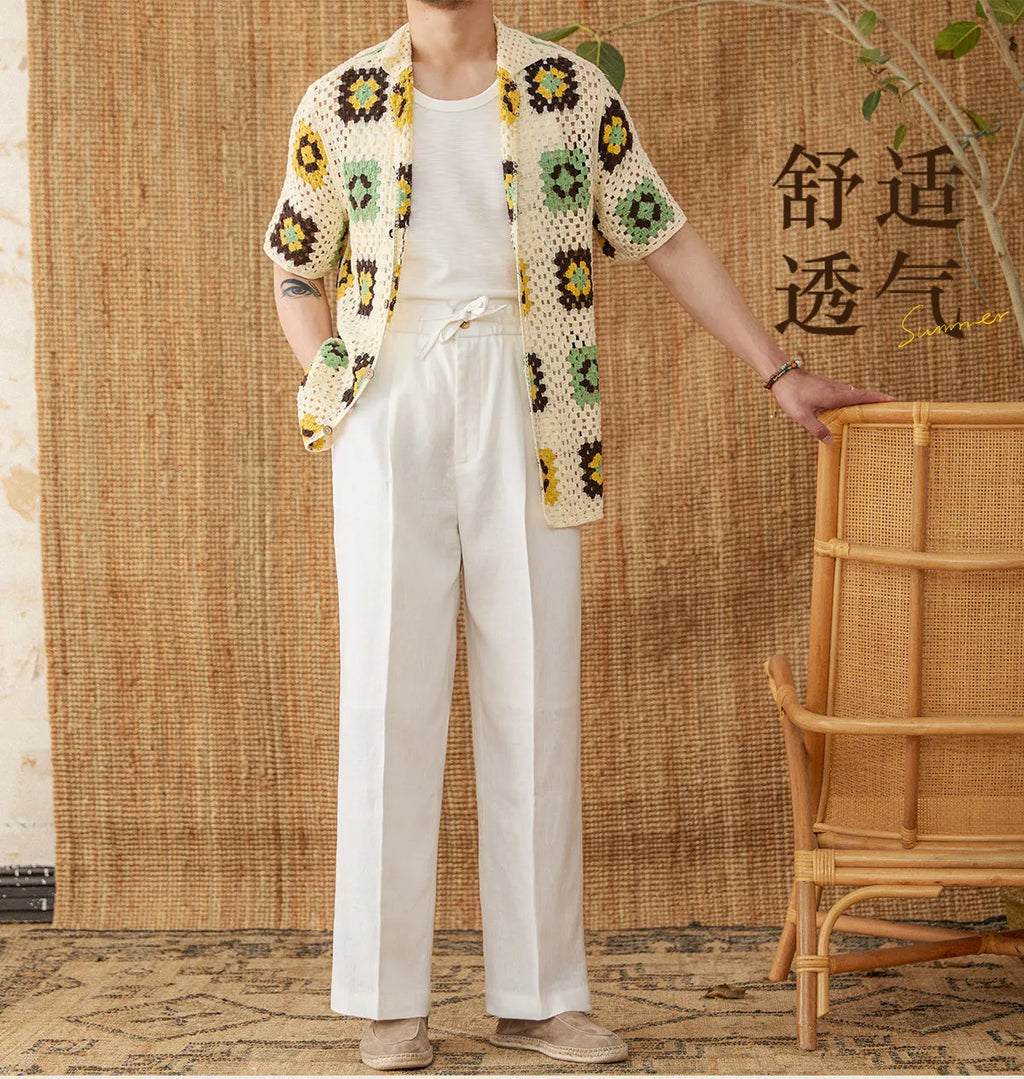 Linen straight-leg trousers with elasticated high waist in three colour options