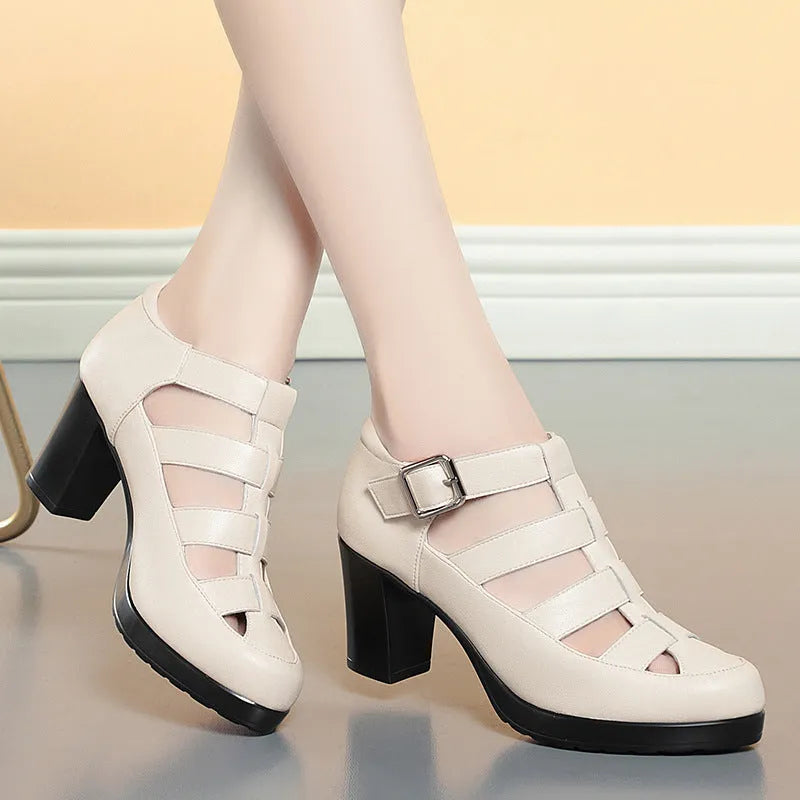 Women's beige closed toe sandals with chunky heel, woven design, and adjustable ankle-strap buckle