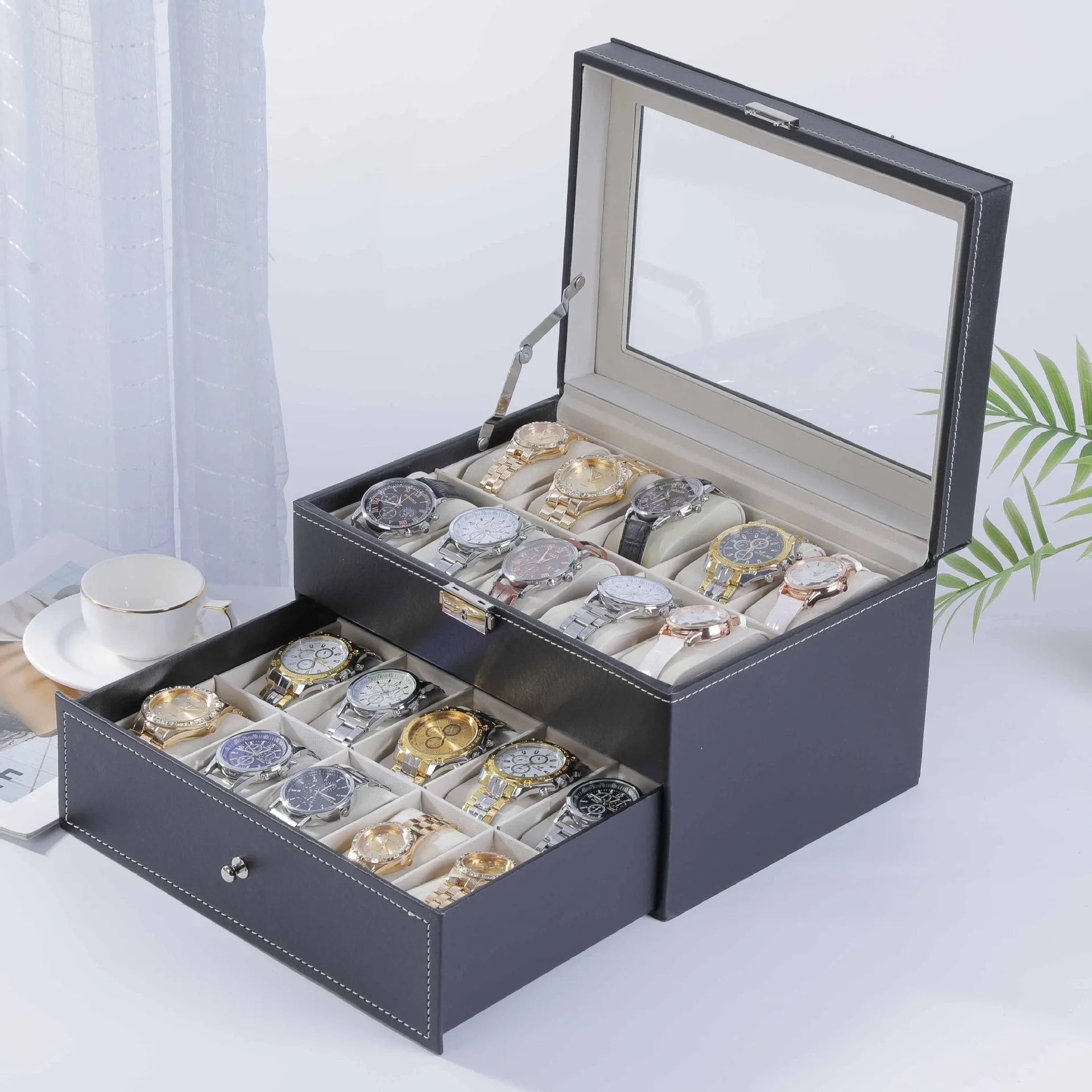 Grey high-grade leather watch storage box with a clear see-through lid, shown holding multiple watches.