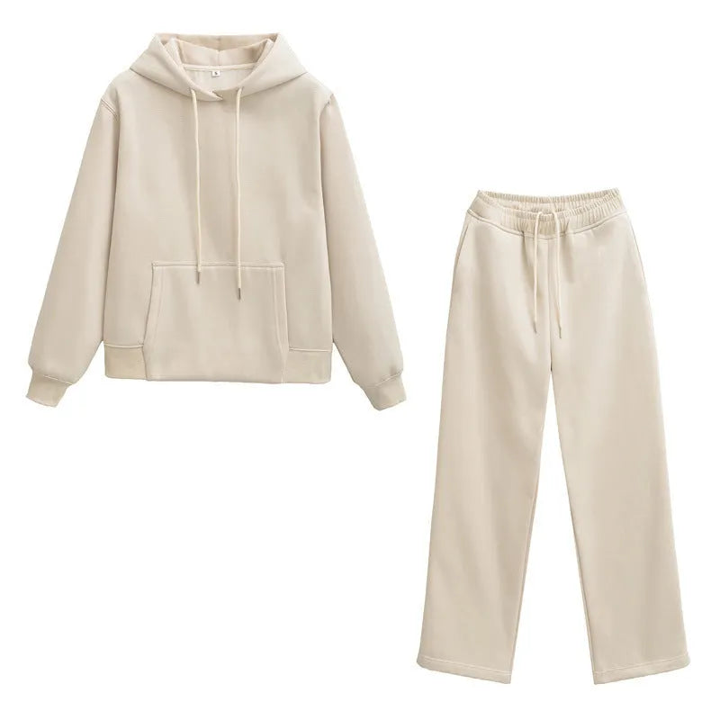 Women's hooded sweater and wide-leg pants set in solid beige colour, polyester blend, front view with hood up