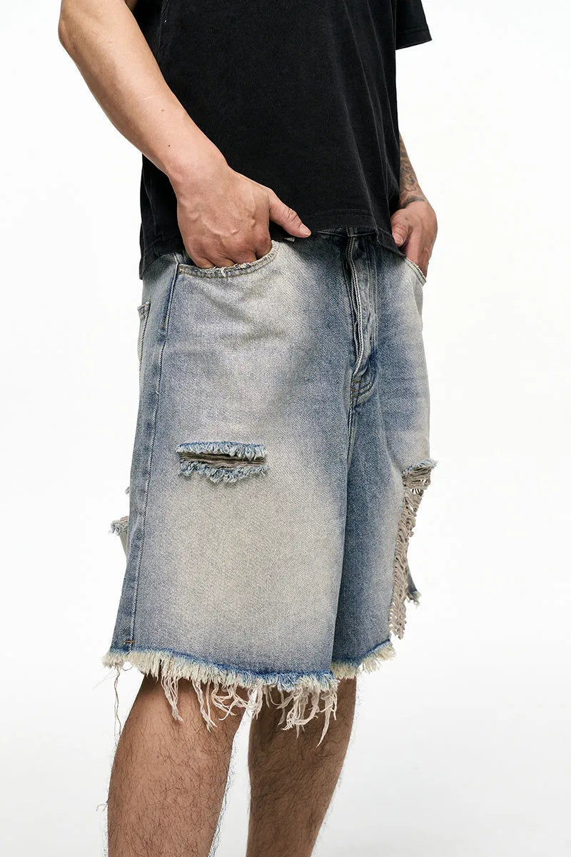 Light blue retro washed men's baggy denim shorts with wide leg design