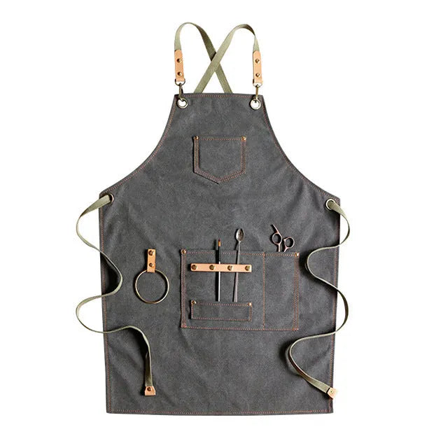 Canvas apron with cross-back straps in camel colour