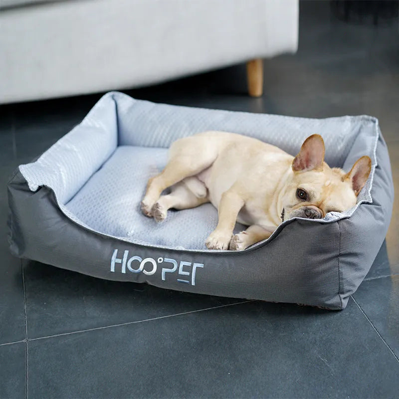 Soft grey pet bed with removable cover shown in small, medium, and large sizes for dogs and cats
