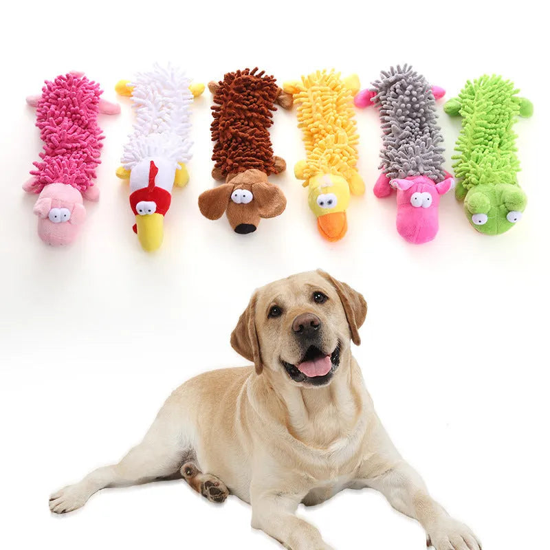 Plush microfibre horse molar dog chew toy showing brown dog, yellow duck, and white chicken designs