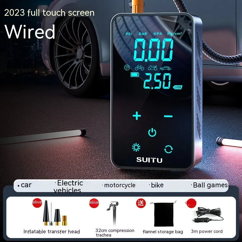 Compact black wireless car tyre pump with LCD screen on a cloth bag alongside its charging cable and nozzles.