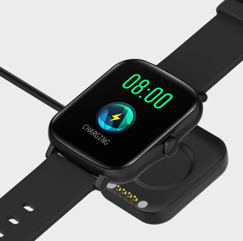 Smart watch with 1.7-inch colour touch screen showing fitness data, available in black, blue, or gold with adjustable strap