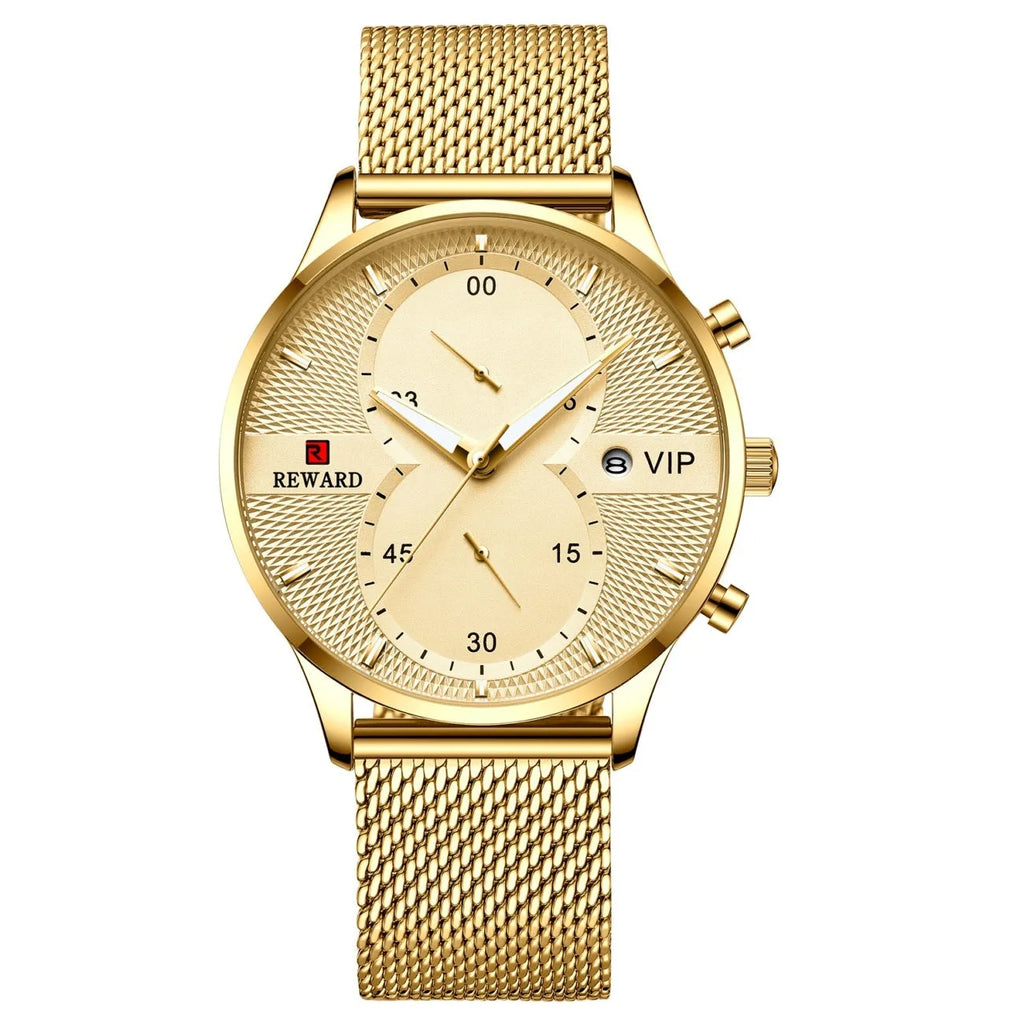 Men's waterproof quartz business watch with 45mm round dial, stainless steel strap, and calendar display on a white background