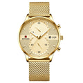 Men's waterproof quartz business watch with 45mm round dial, stainless steel strap, and calendar display on a white background