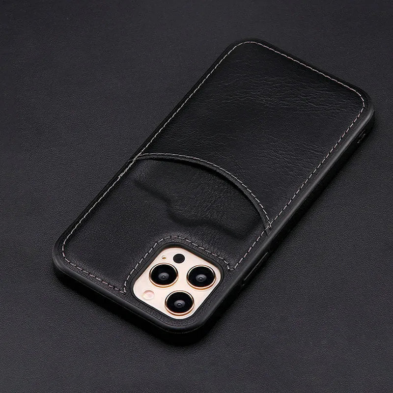 Dark blue PU leather protective case for iPhone, showing back and side coverage with precise port cutouts.