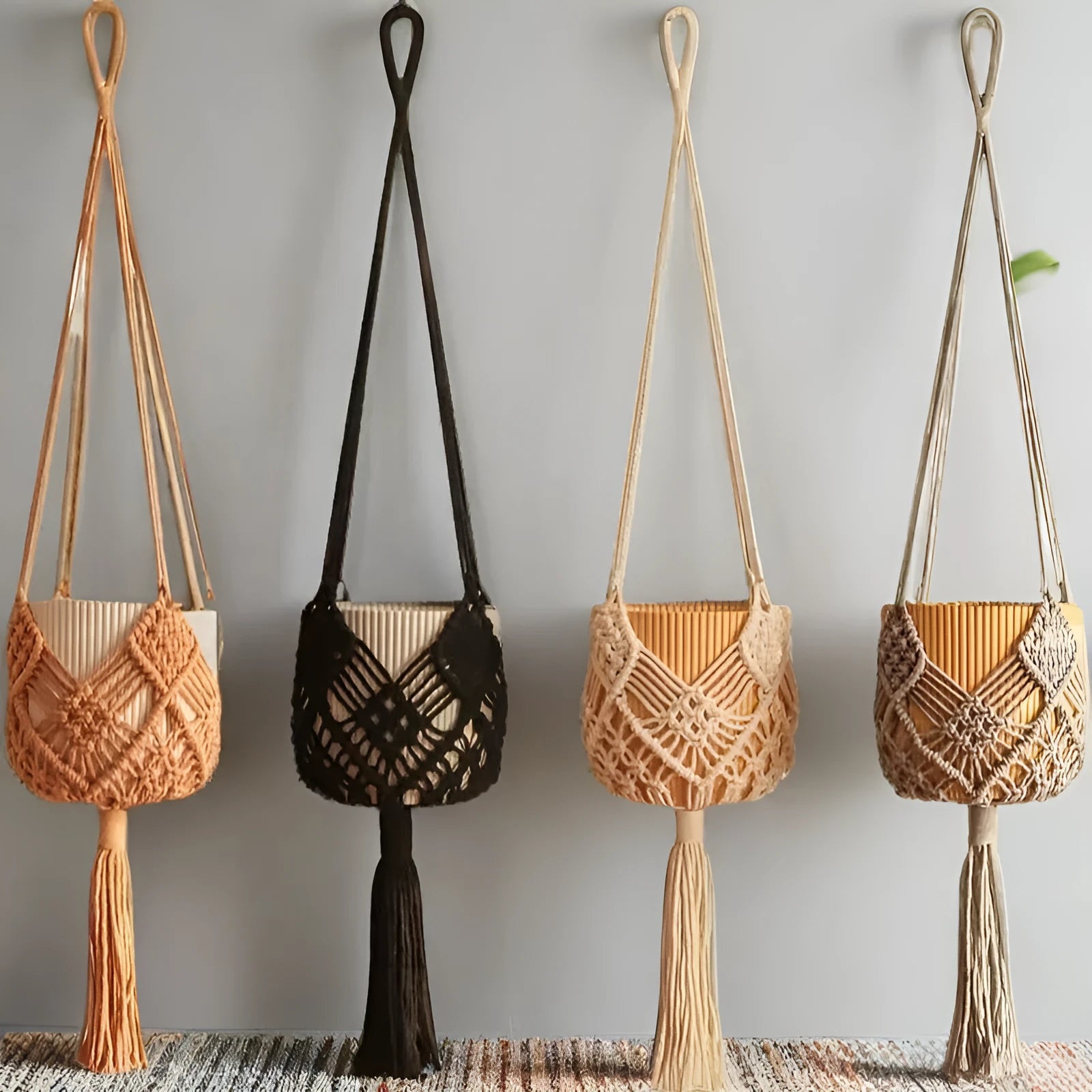 Hand-woven polyester cotton flower pot in natural colour with woven net pocket design