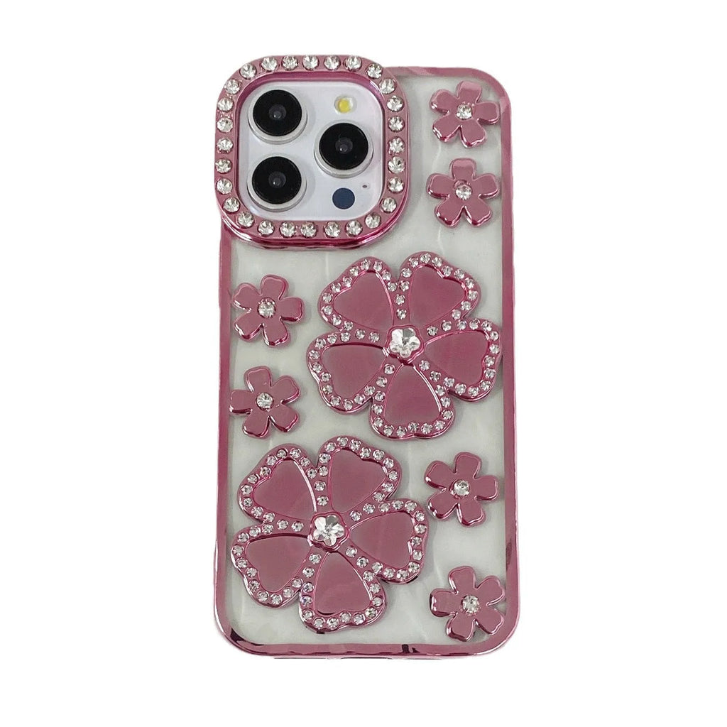Plum blossom diamond flower plated phone case for iPhone in rose gold, TPU and acrylic back cover with bracket