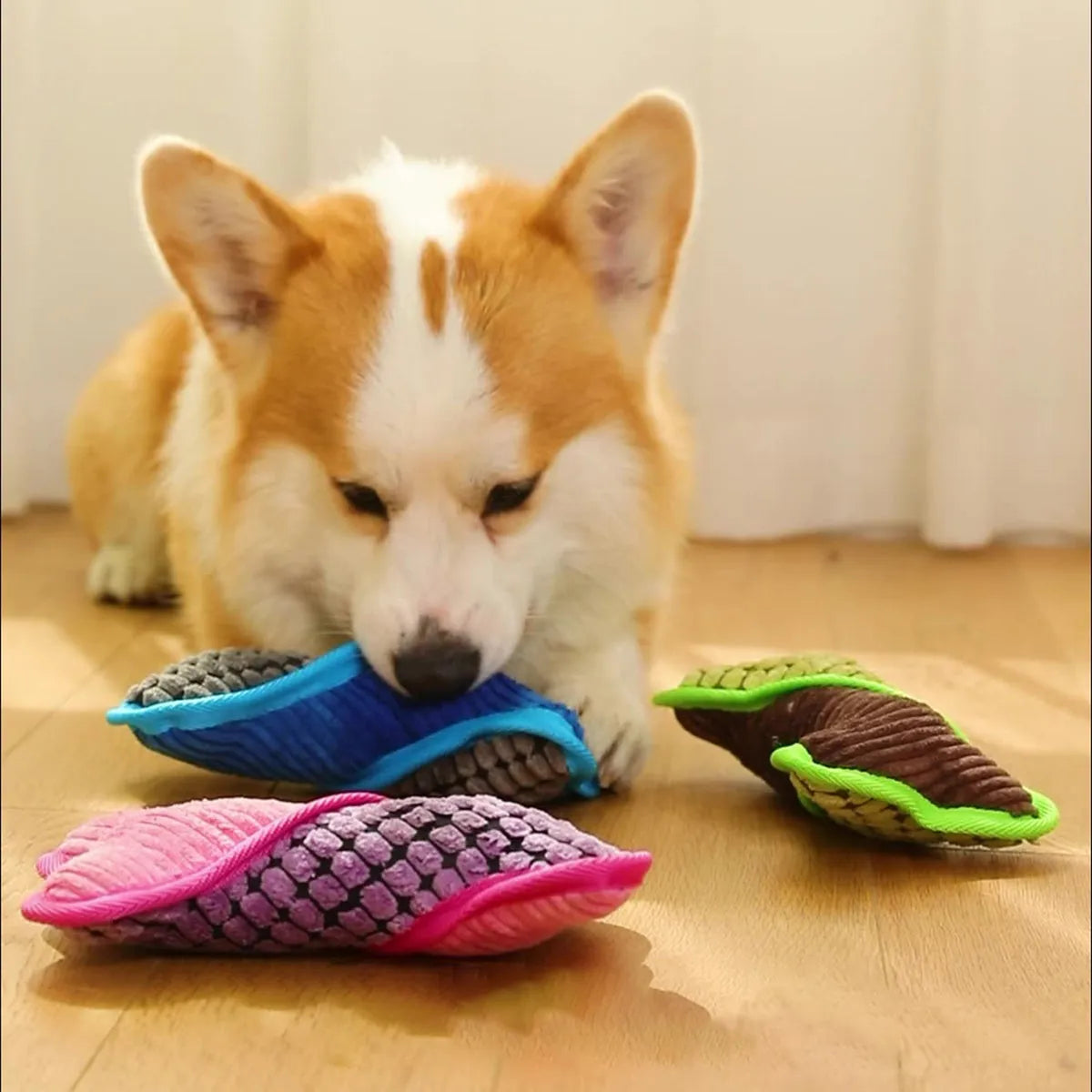 Blue teddy dog chew toy with sound bone, showing soft corn fleece lining and bite-resistant fabric.