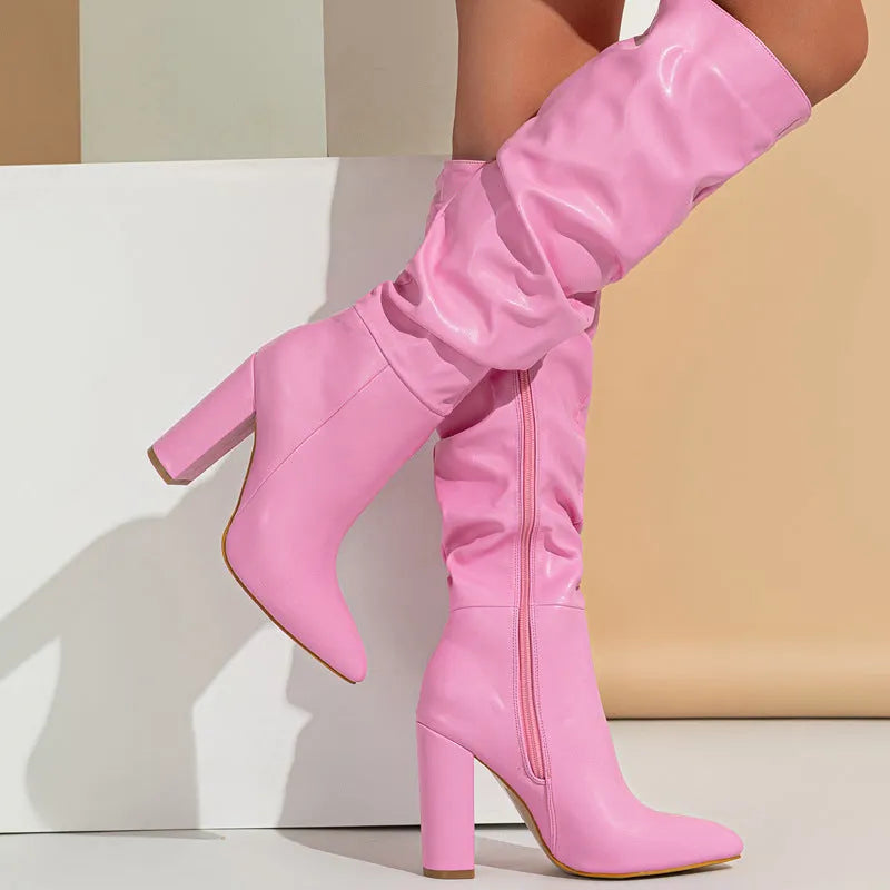 Women's white pointed toe high heel boots with side zipper and 8cm+ short stout heel
