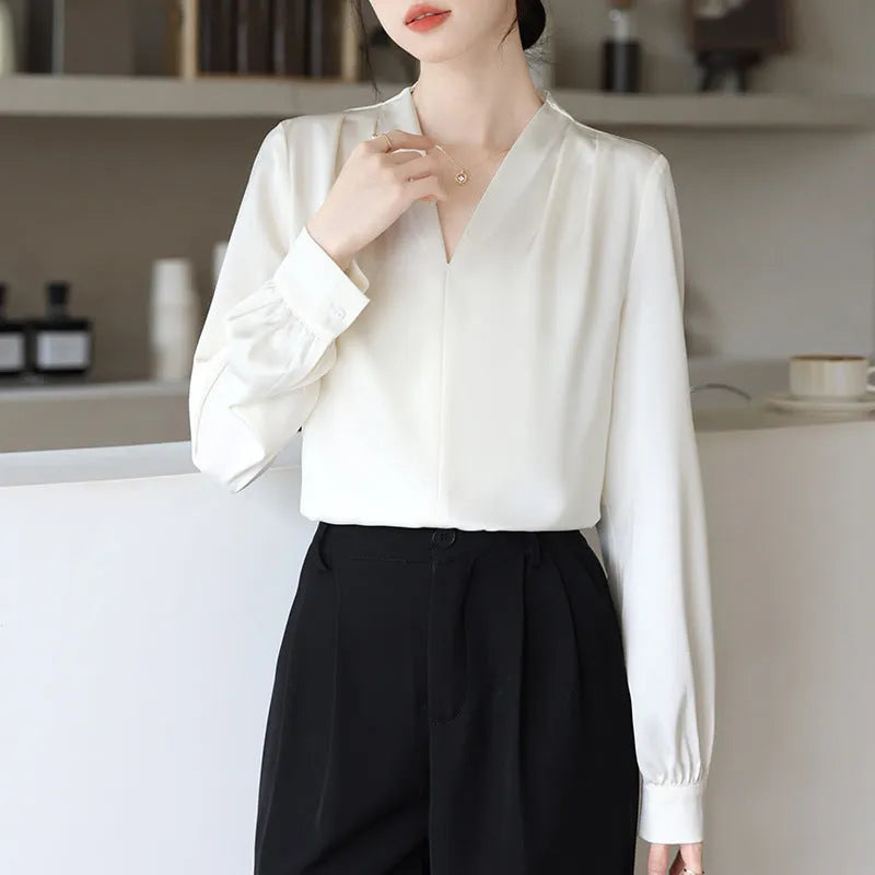 Women's slim fit satin shirt with long sleeves and 3D stitching in blue colour