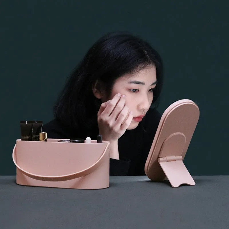 Portable LED light storage box makeup mirror with aluminium mirror lens in pink colour