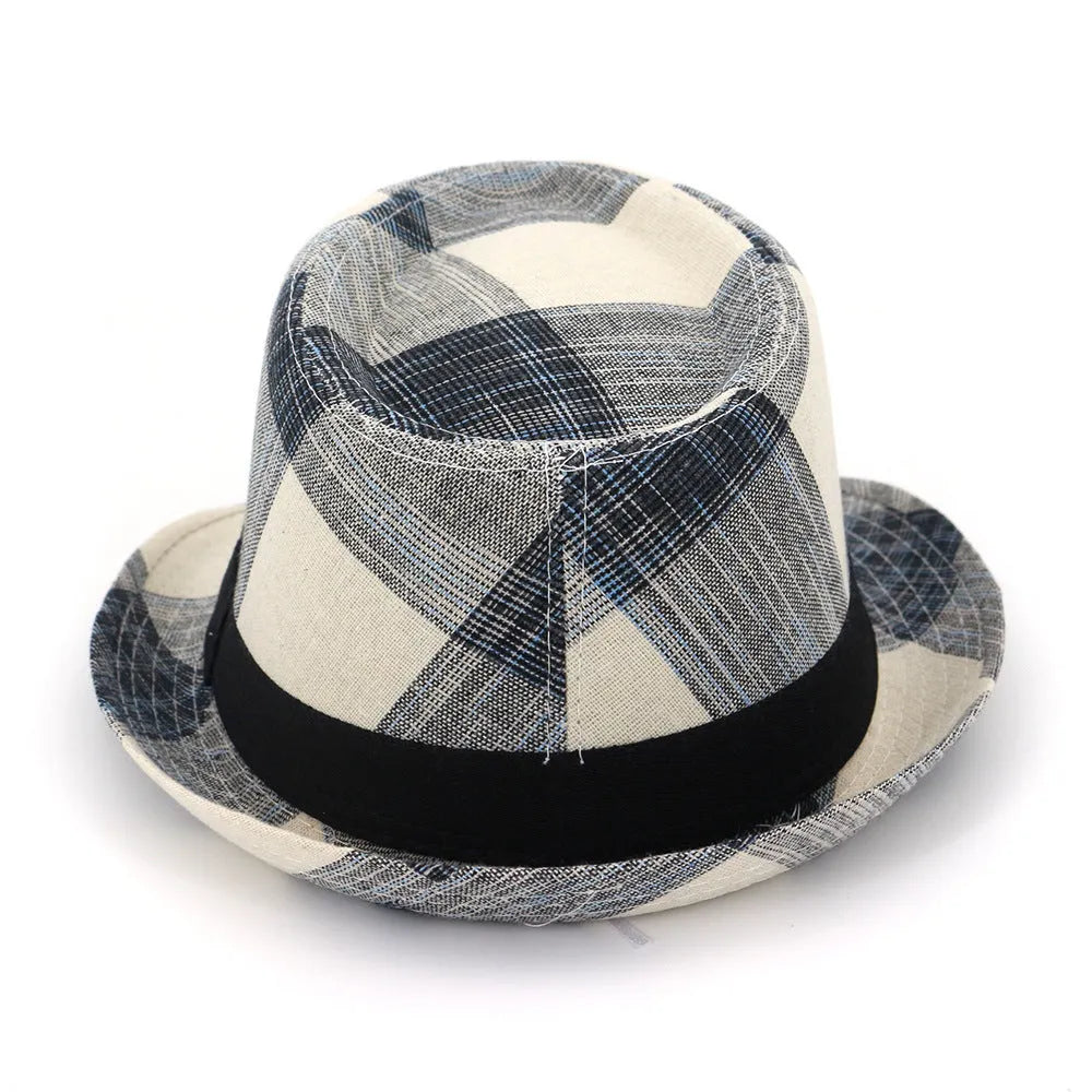 Casual blue polyester sun hat with a wide brim and bell-shaped crown on a wooden background.