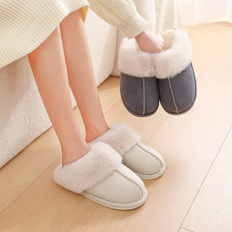 Women's plush winter slippers with round toe, available in brown, grey, pink and white.