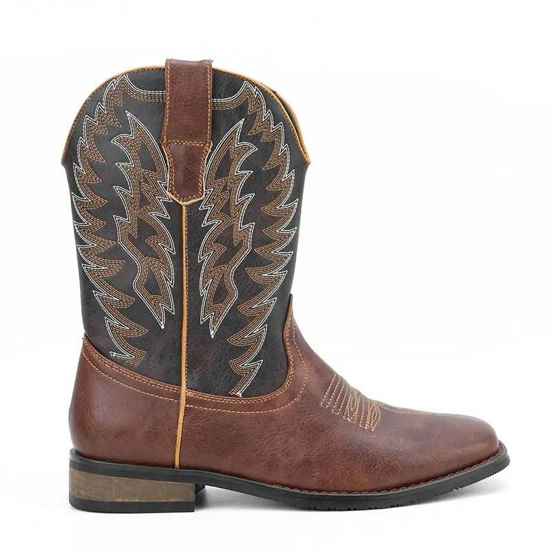 Men's black square toe western-style motorcycle boots with embroidery detail on artificial leather upper.