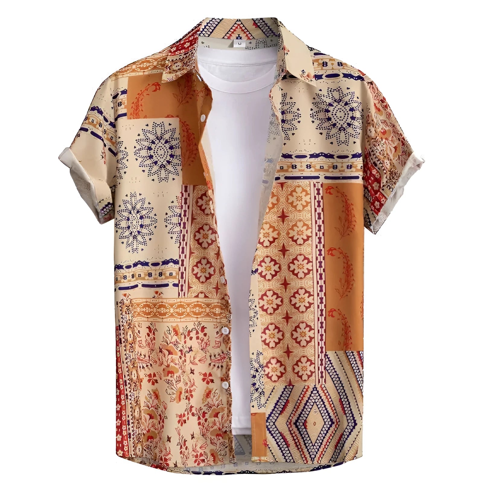 Men's slim fit short sleeve Hawaiian shirt with digital print pattern on stretch polyester fabric.