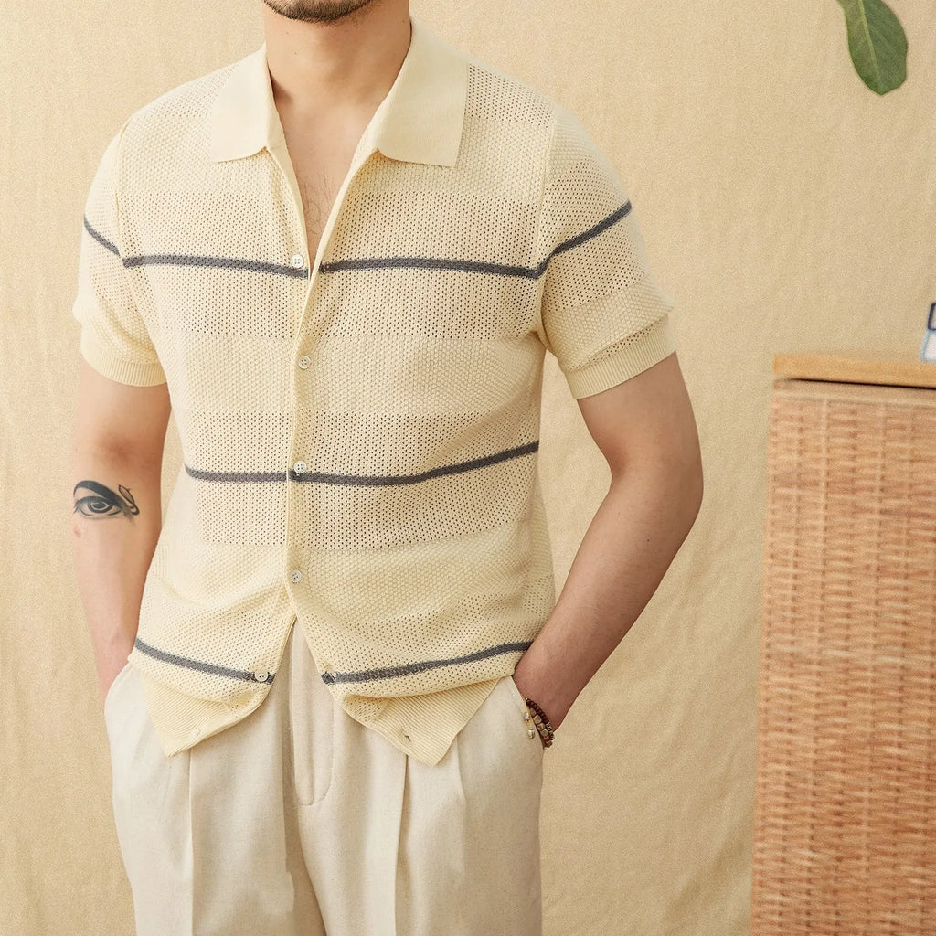 Camel coloured linen cotton blend short sleeve cardigan with lapel collar on hanger