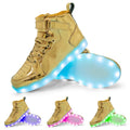 A pair of black high-top LED sneakers with Velcro straps and lights glowing in the rubber sole.