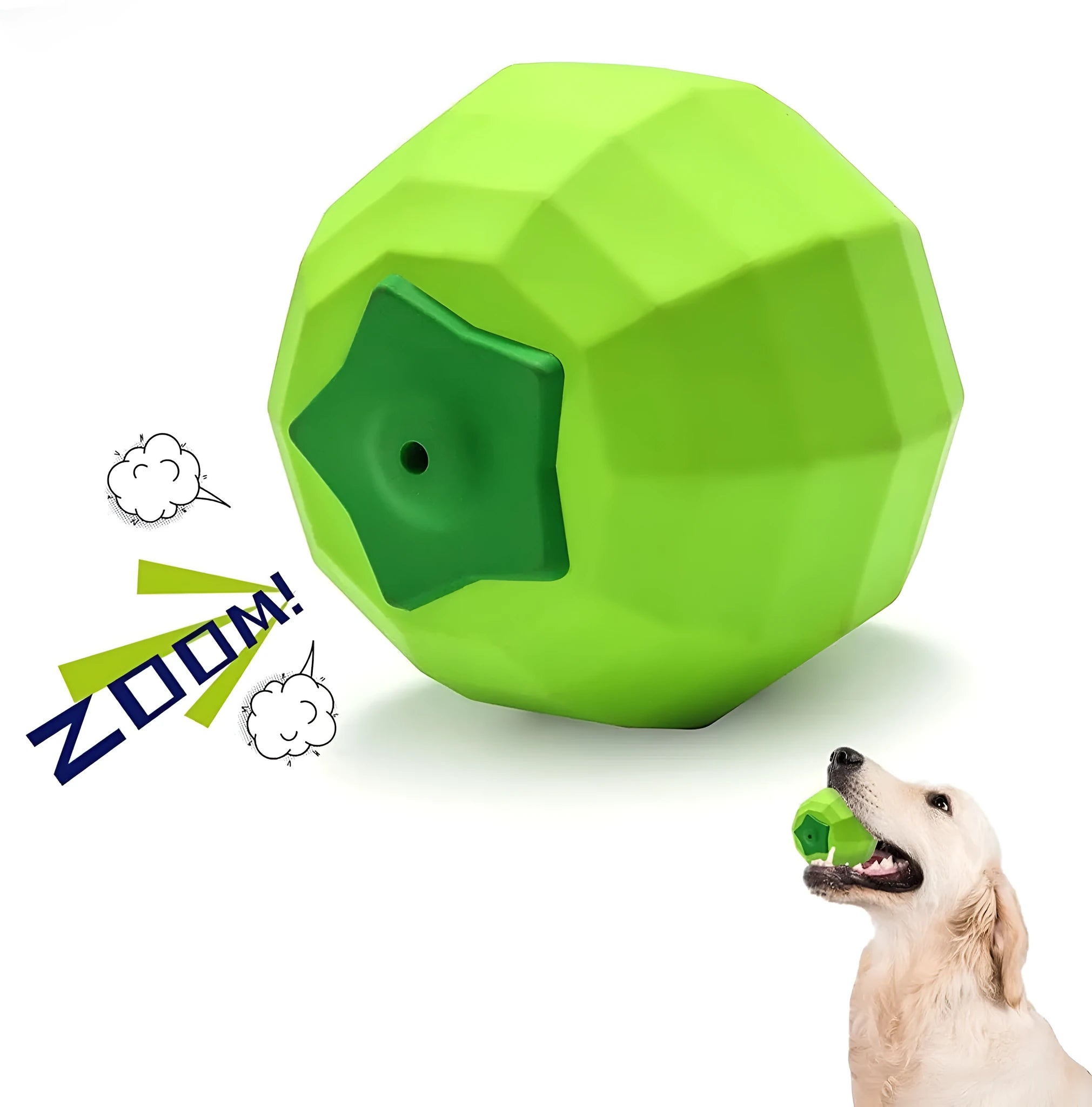 Green durable natural rubber dog squeaky ball chew toy for large aggressive chewers.