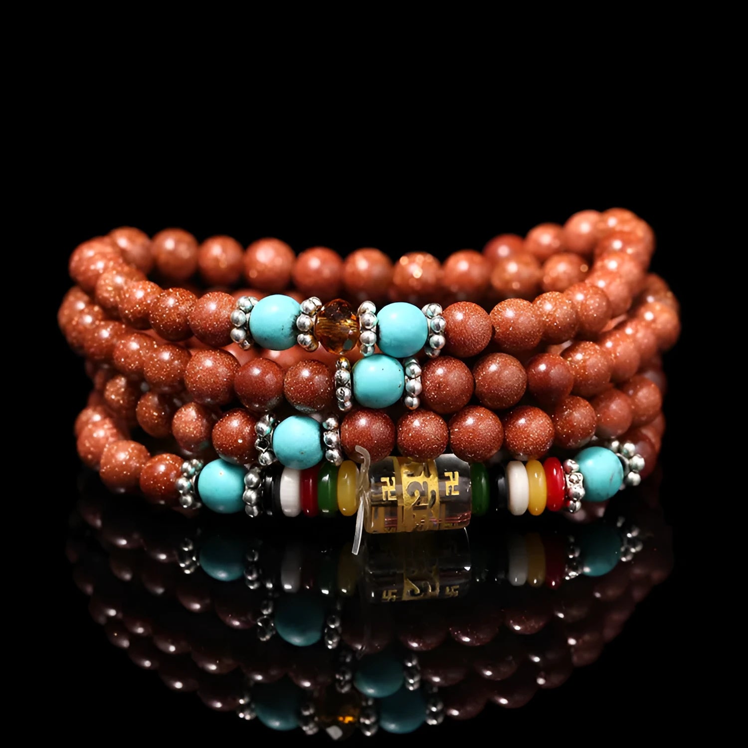 Golden star stone bracelet with 108 nugget sand beads and a fu character charm.