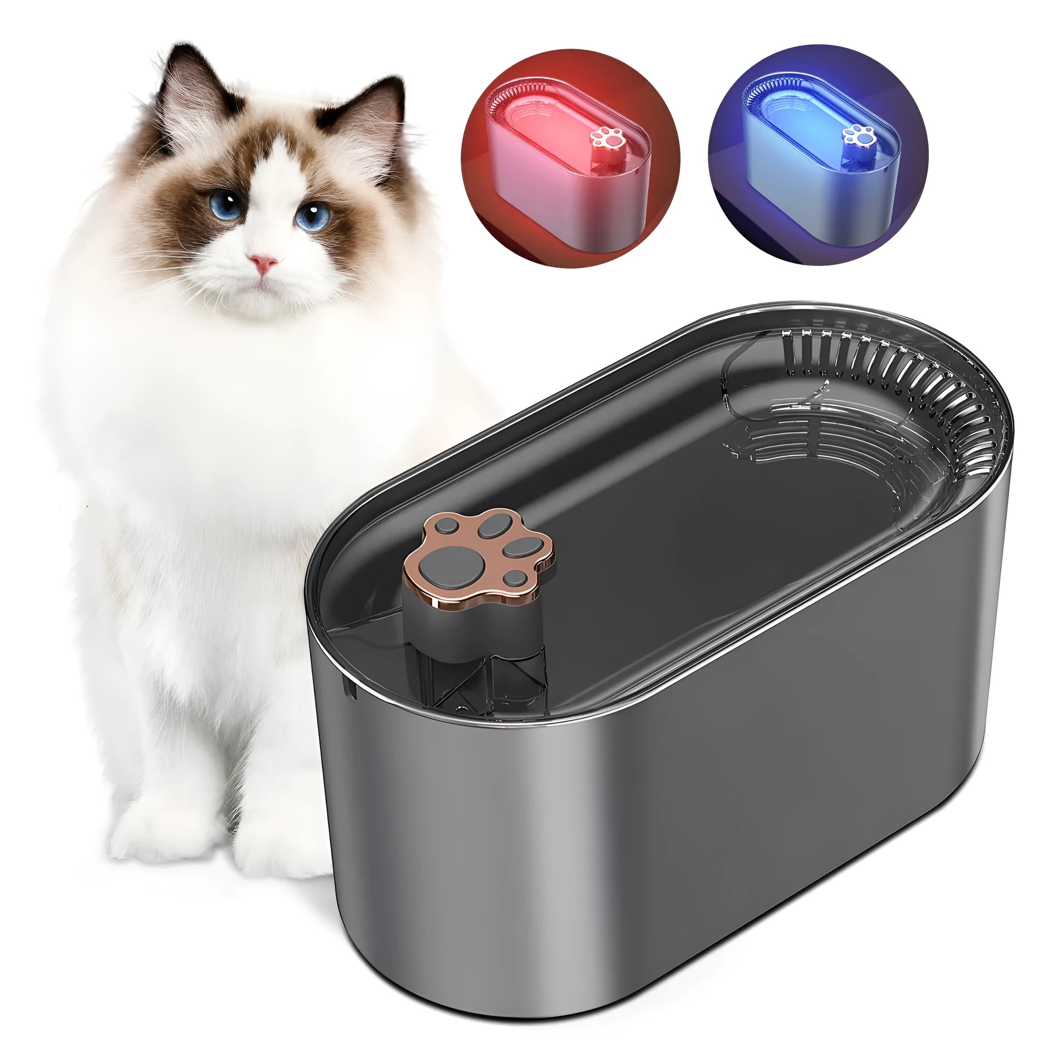 Berlin blue 3L automatic pet water fountain with pump and filter on a floor.