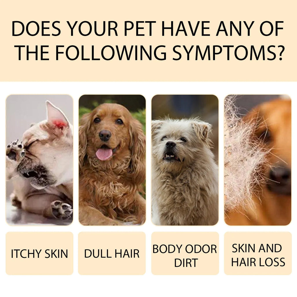 Bottle of mild pet shampoo for cats and dogs to soften fur and reduce knots.