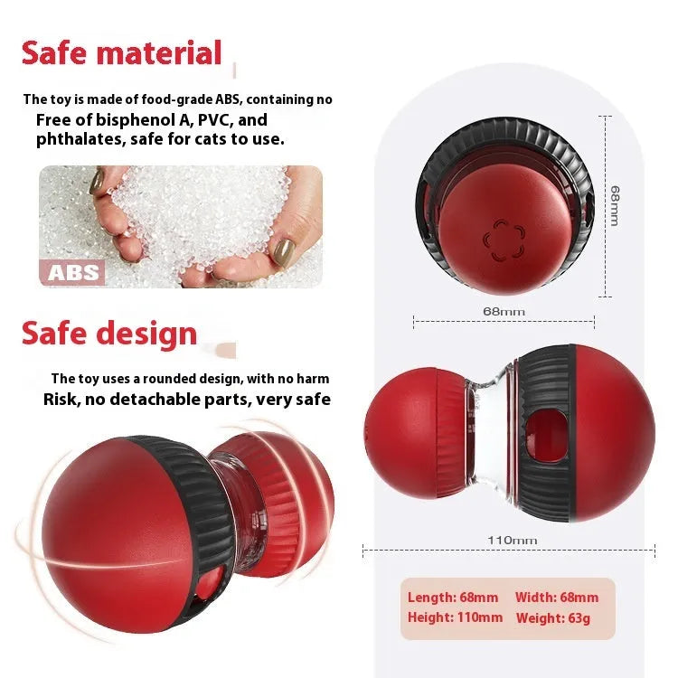 Rotating plastic cat food ball toy with super ball design showing sound effects feature