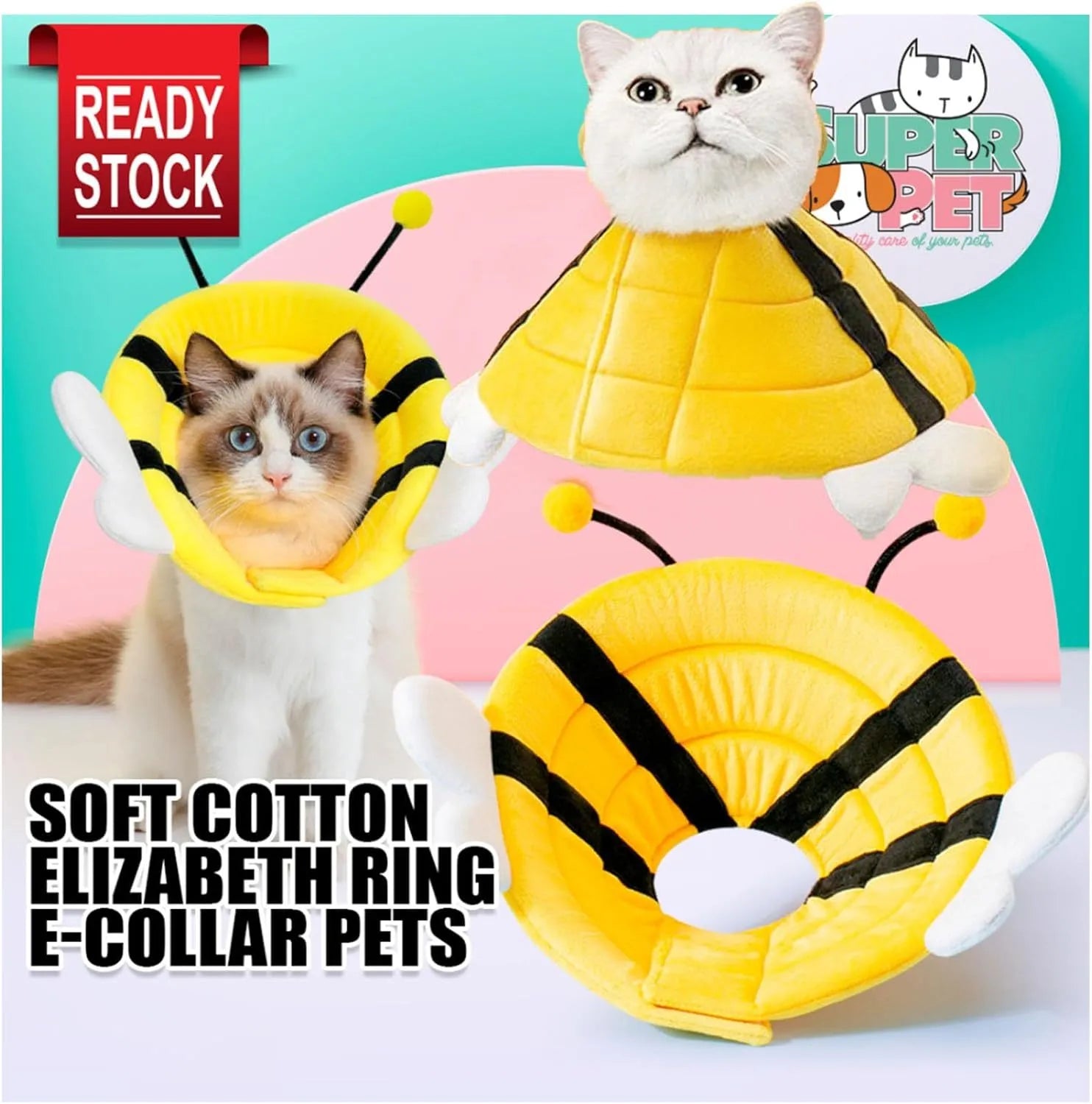 Soft bee-design cat cone collar with Velcro closure in adjustable sizes