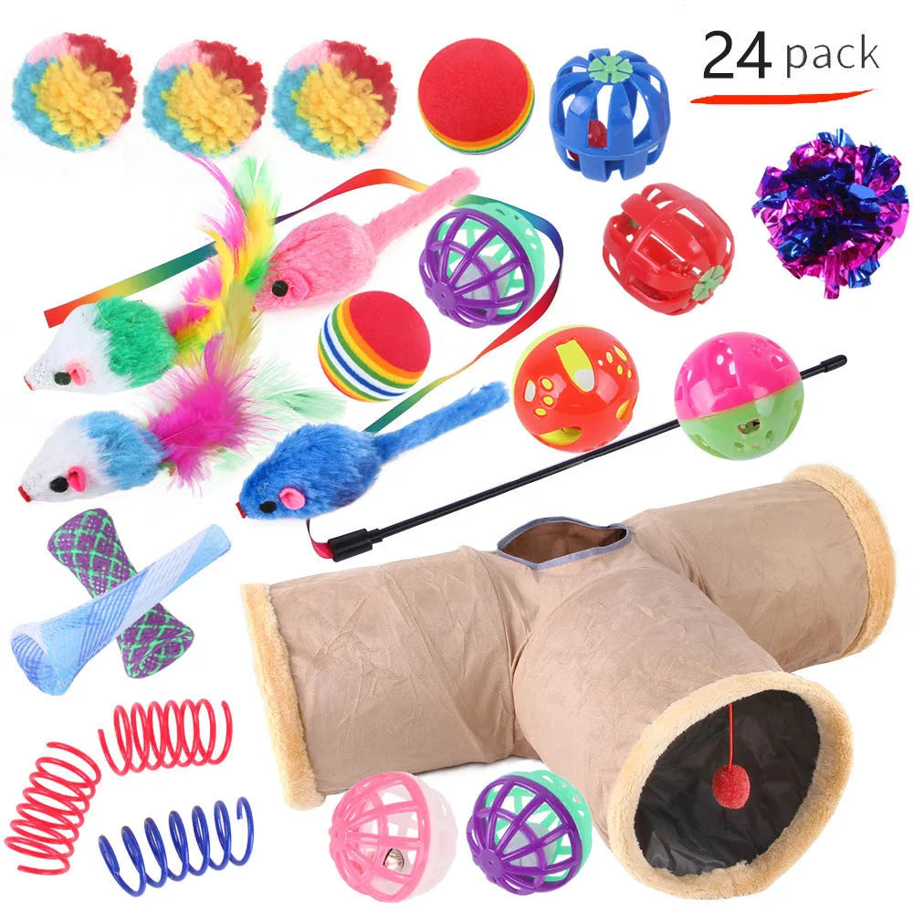 Plastic cat channel tunnel toy set showing single and double layer designs
