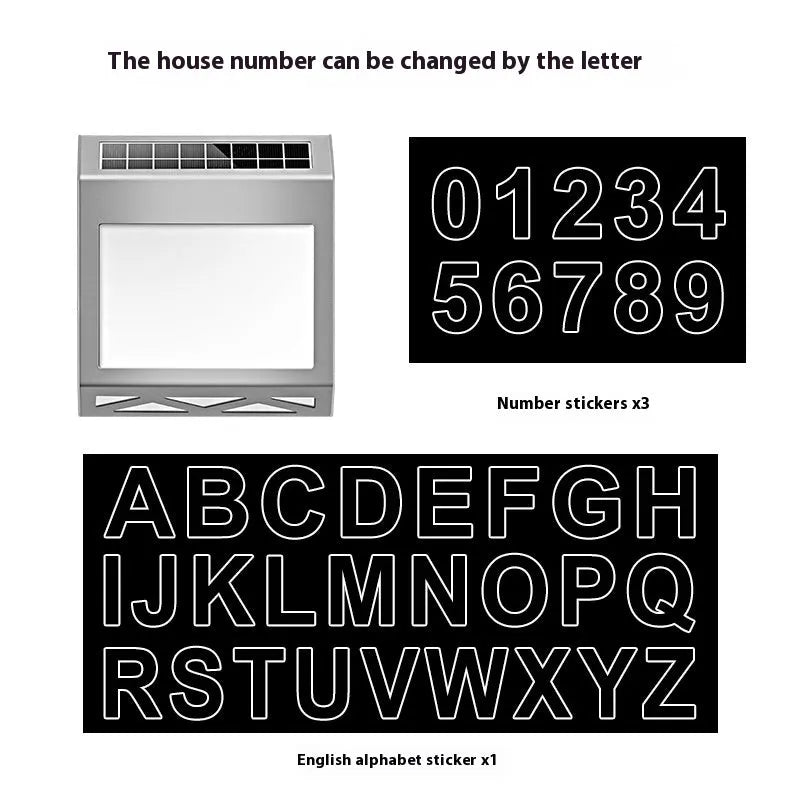 Solar powered waterproof doorplate light with LED address digits in black housing