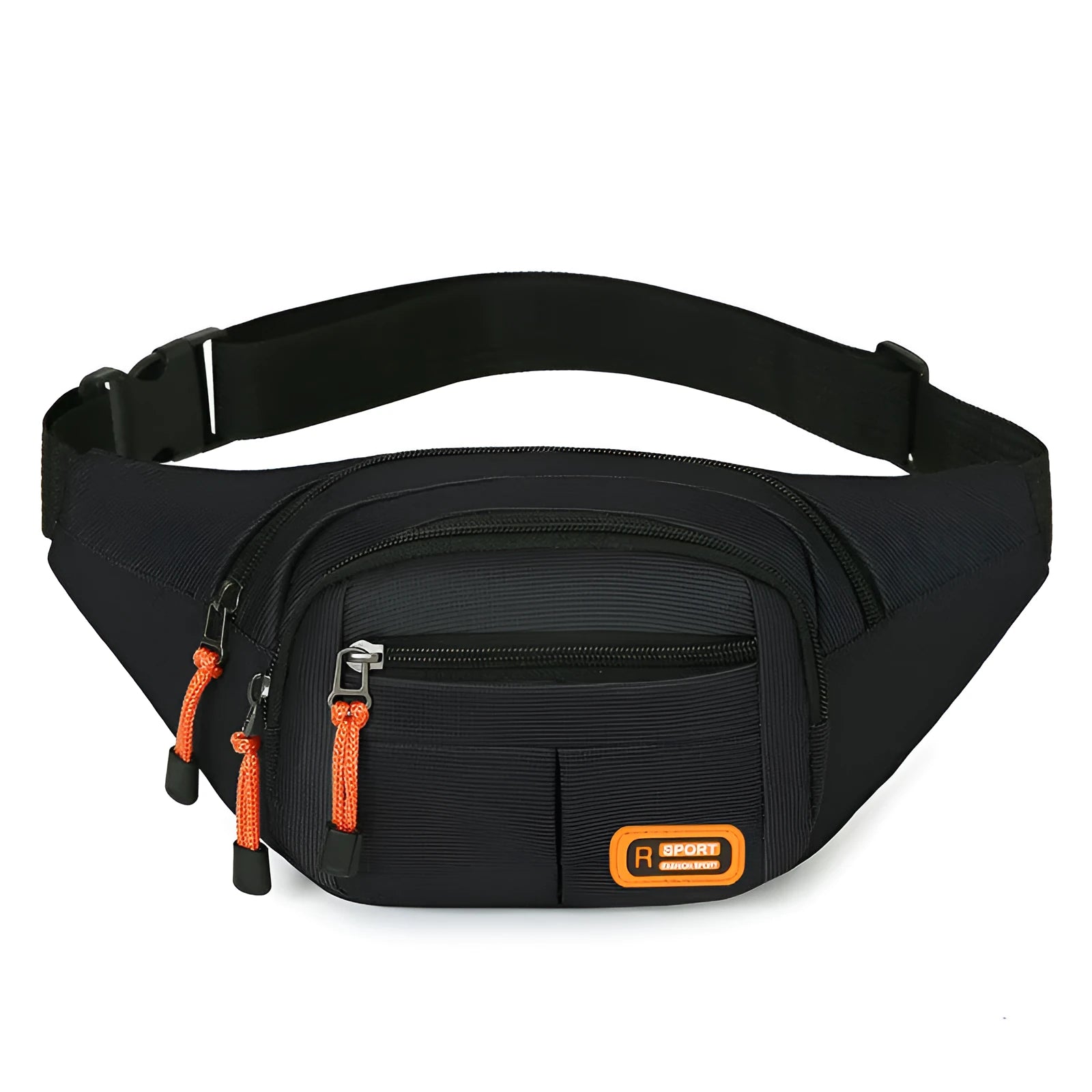 Large black waterproof slanted chest bag made of nylon, showing its front compartment and adjustable strap.