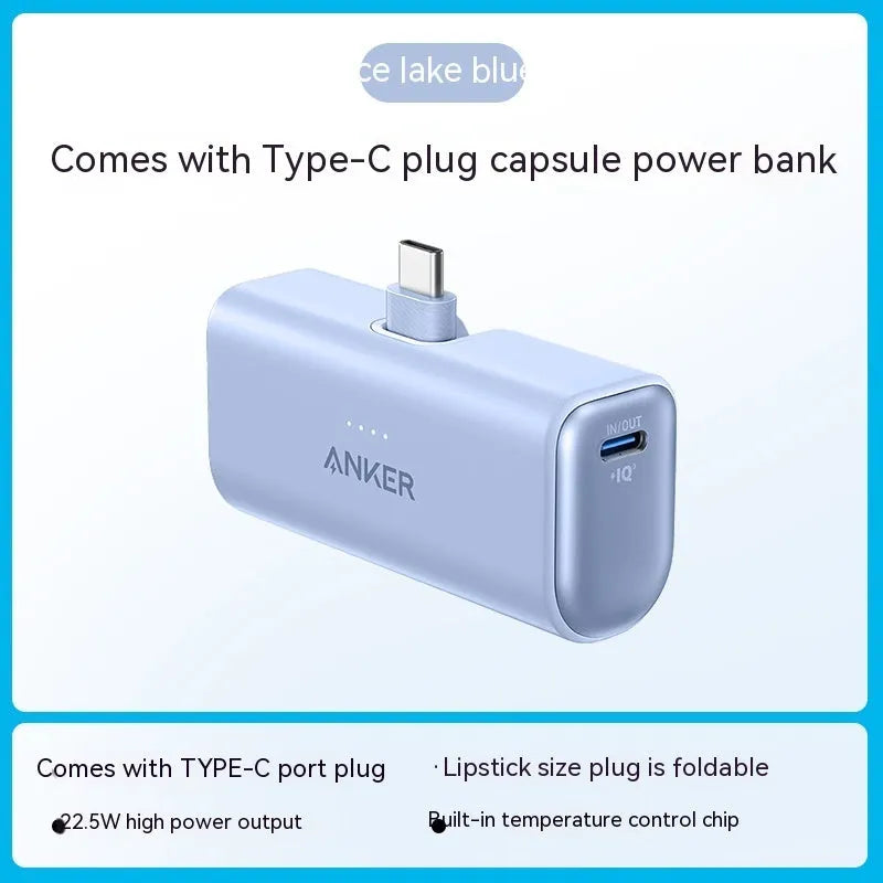 Capsule-shaped 5000mAh power bank in multiple colours showing compact 77x36x25mm size with Type C port