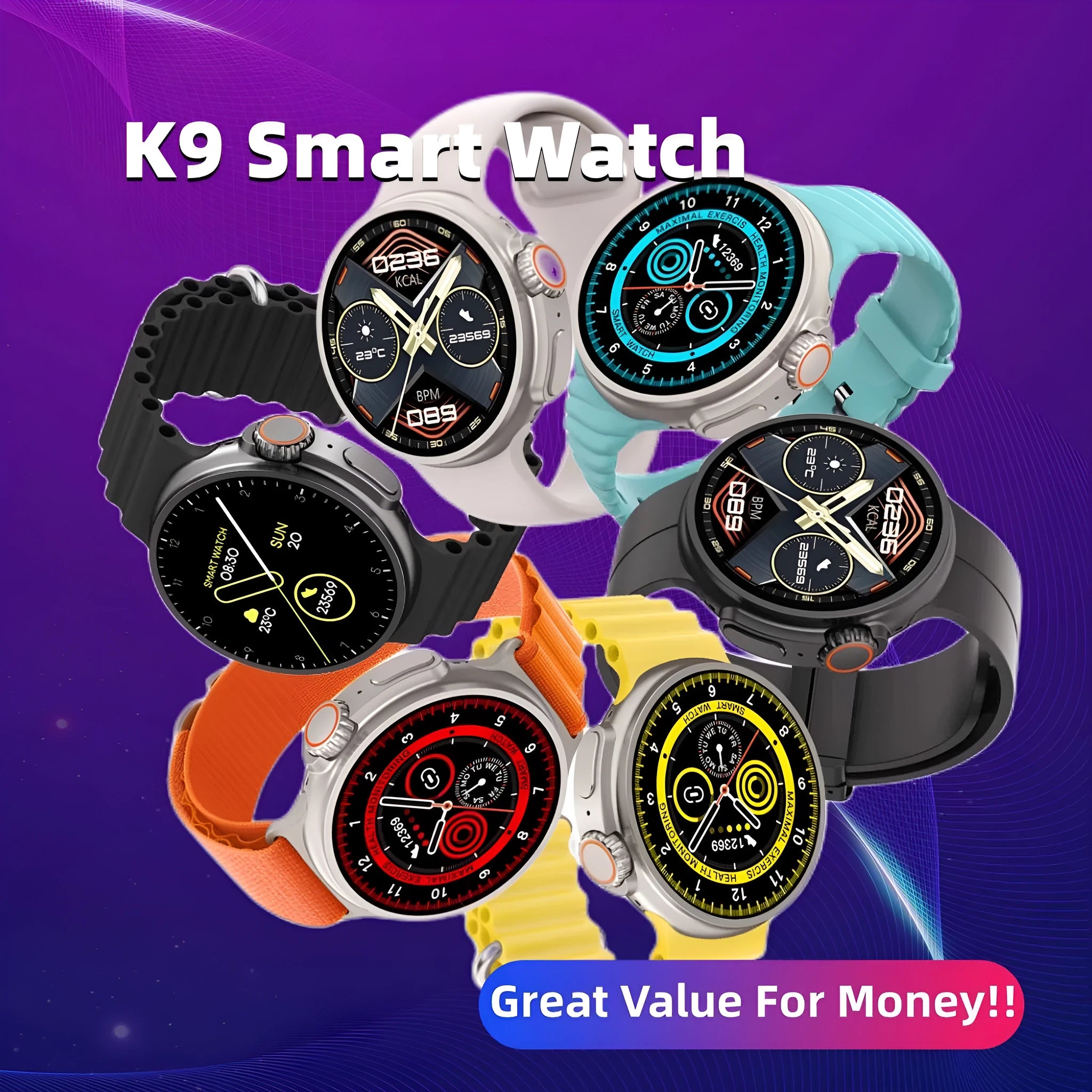 K9 smart watch with circular screen showing health metrics and payment functions on silicone strap