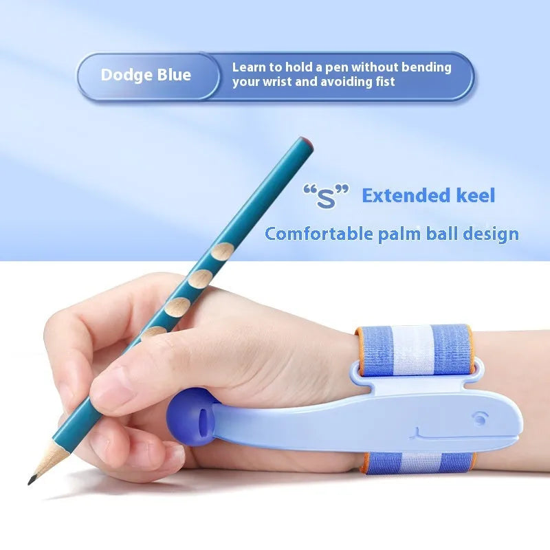 Blue and pink anti-hook wrist brace pen grip corrector for children's handwriting, made from white ABS nylon.