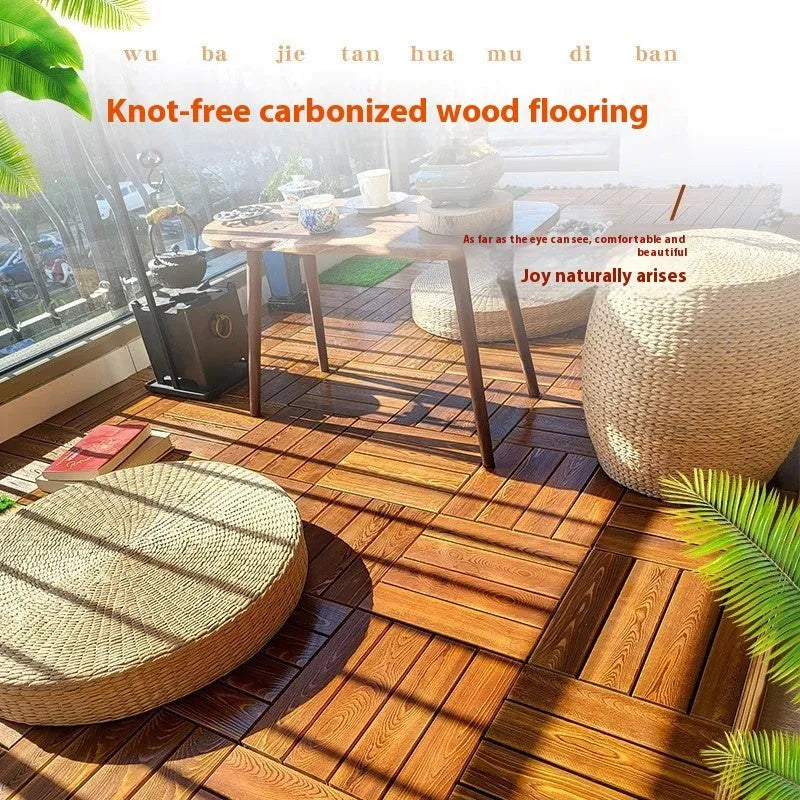 Square camphor pine wood flooring tile in a modern style for balcony or indoor use.
