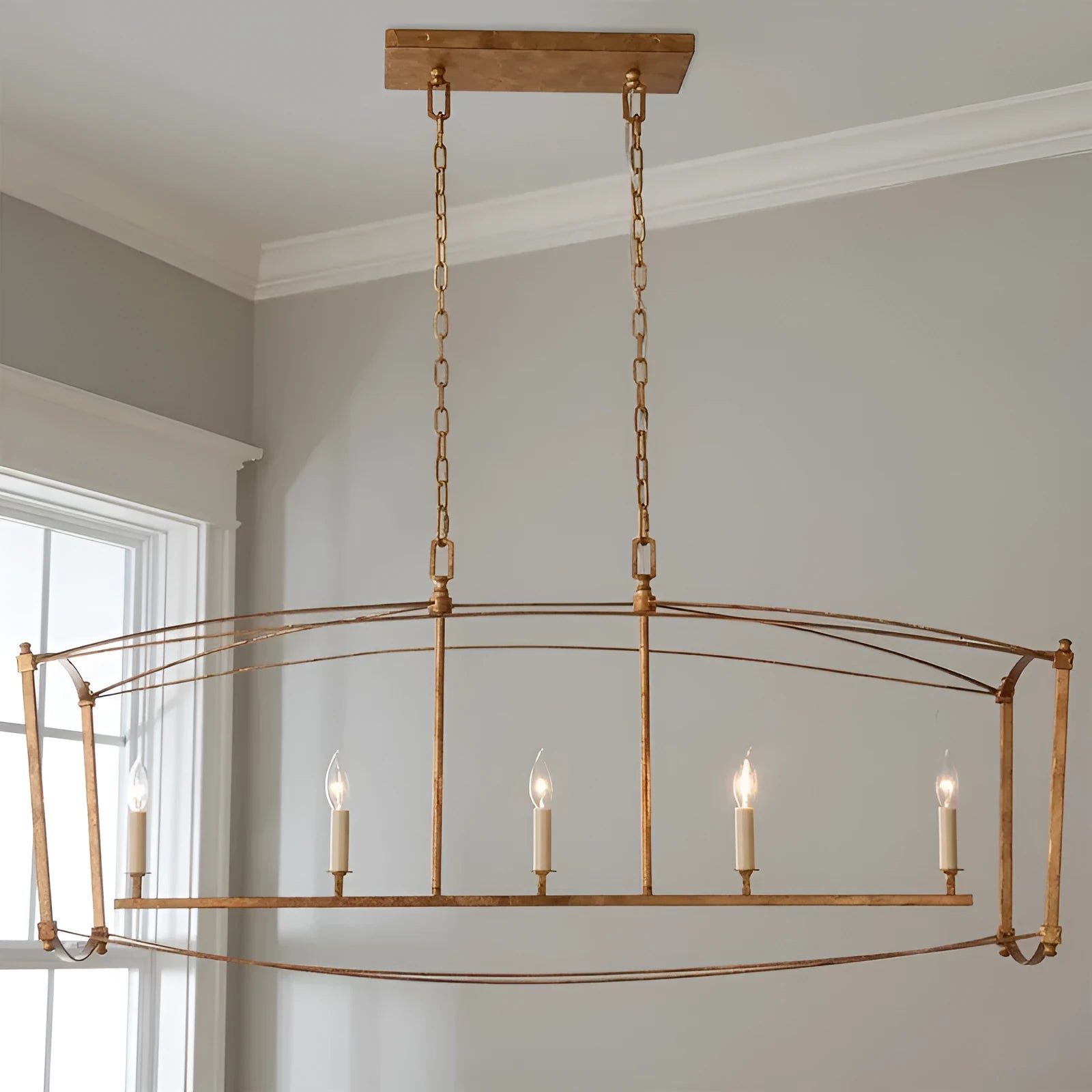 Simple Villa four-head droplight ceiling chandelier in black iron or gold foil finish, 35cm wide.