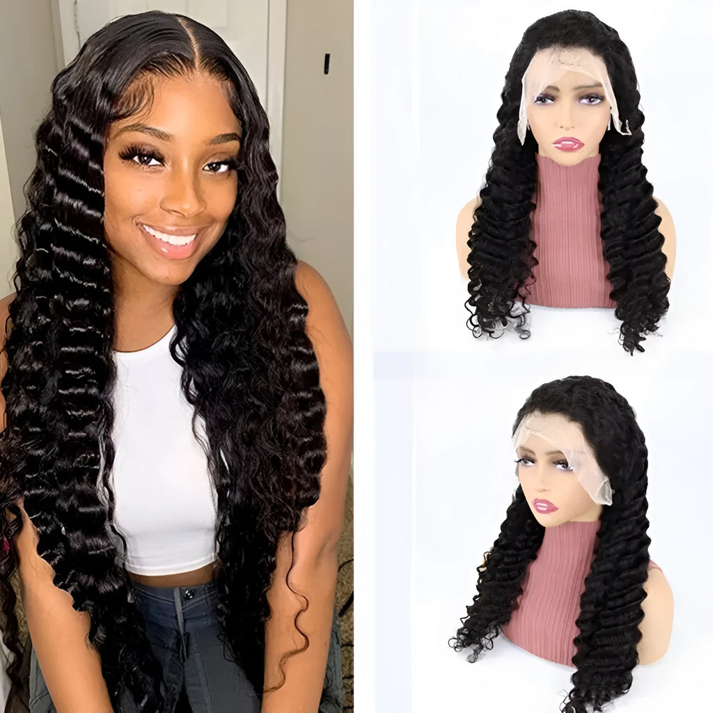 Solid colour human hair lace front wig showing half-handwoven construction and long length.