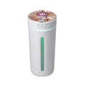 Wireless air humidifier with colourful lights on a car cup holder, 800mAh rechargeable cool mist maker