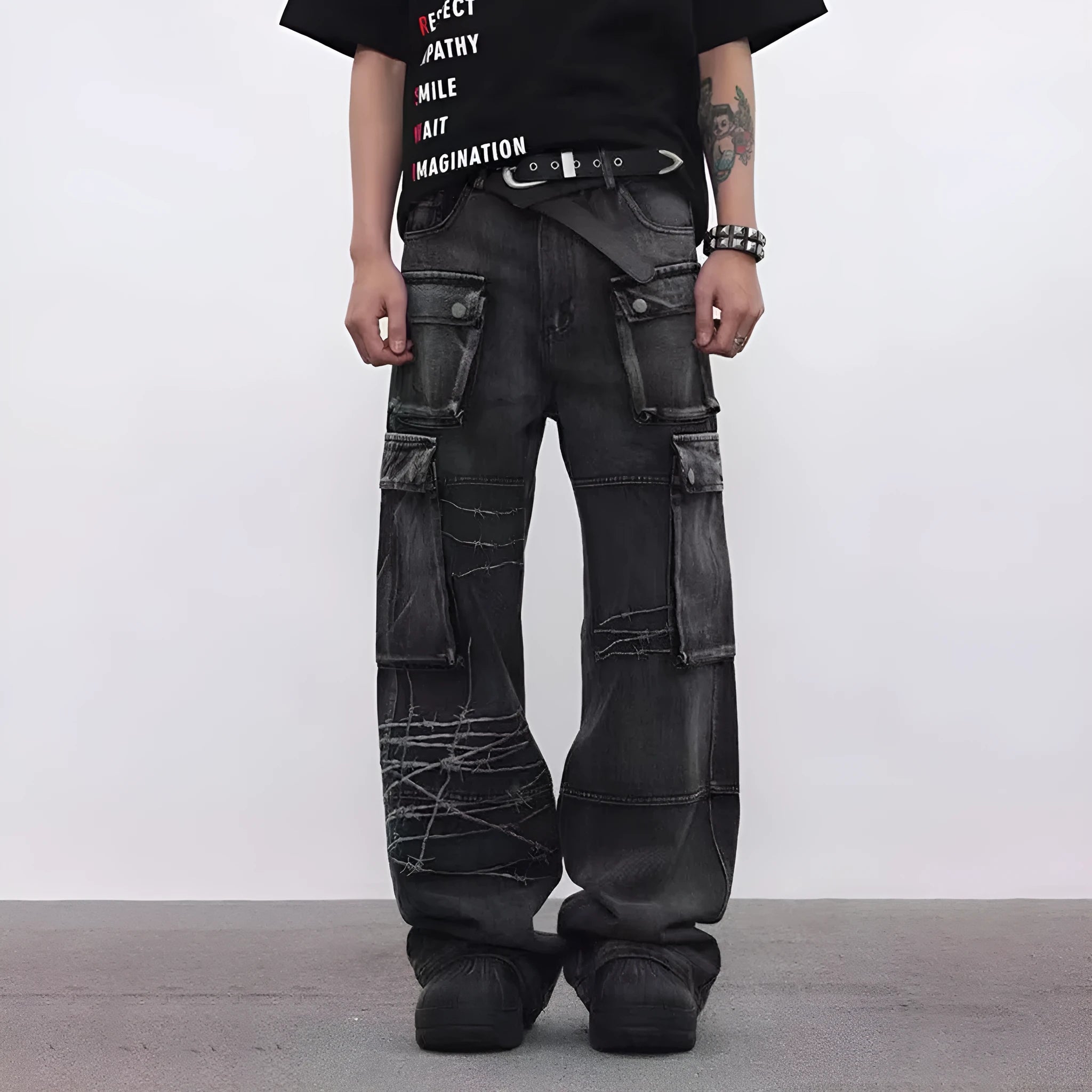 Men's black cotton loose-fitting wide-leg trousers with mid waist design