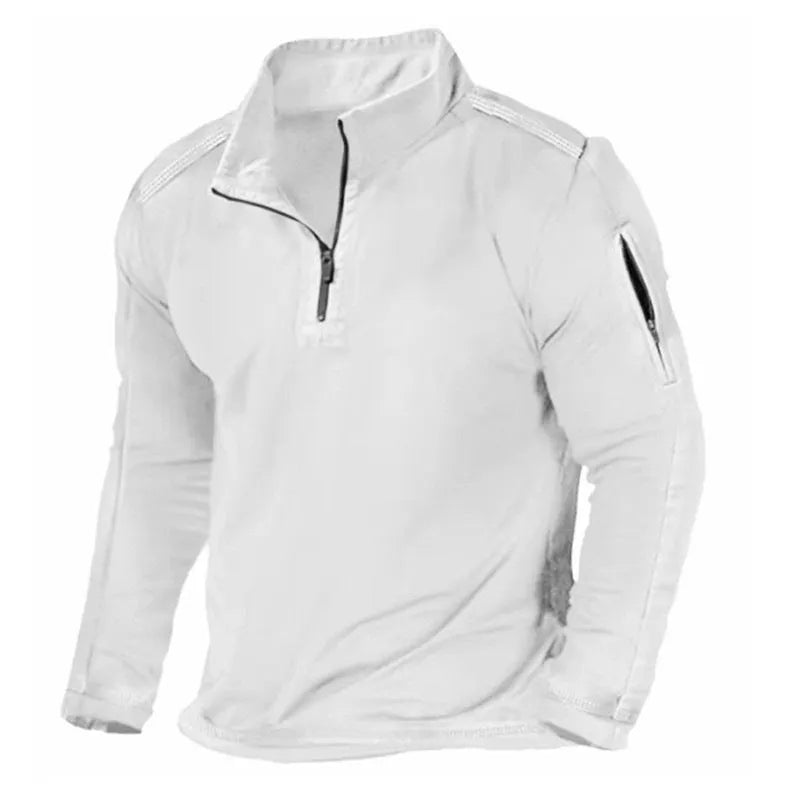 Men's grey zip collar long sleeve pullover sweater on a model.